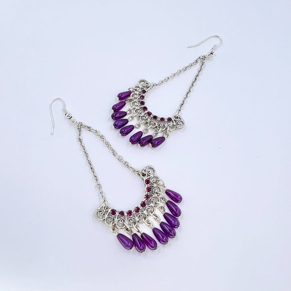 NWT - Robert Rose - Purple Beaded Chandelier Shiny Silver Tone Fishhook Earrings - Picture 4 of 7